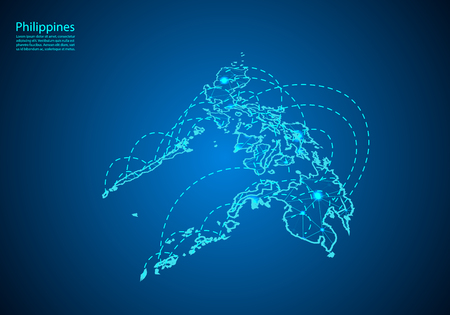 philippines map with nodes linked by lines. concept of global communication and business. Dark philippines map created from white dots with travel locations or internet connection.のイラスト素材