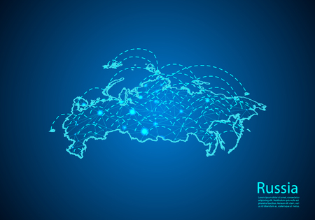 russia map with nodes linked by lines. concept of global communication and business. Dark russia map created from white dots with travel locations or internet connection.のイラスト素材