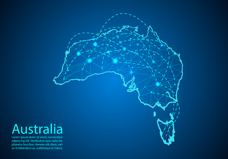 australia map with nodes linked by lines. concept of global communication and business. Dark australia map created from white dots with travel locations or internet connection.のイラスト素材
