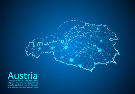 austria map with nodes linked by lines. concept of global communication and business. Dark austria map created from white dots with travel locations or internet connection.のイラスト素材