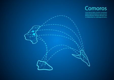 comoros map with nodes linked by lines. concept of global communication and business. Dark comoros map created from white dots with travel locations or internet connection.のイラスト素材