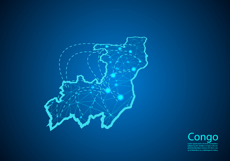 congo map with nodes linked by lines. concept of global communication and business. Dark congo map created from white dots with travel locations or internet connection.のイラスト素材