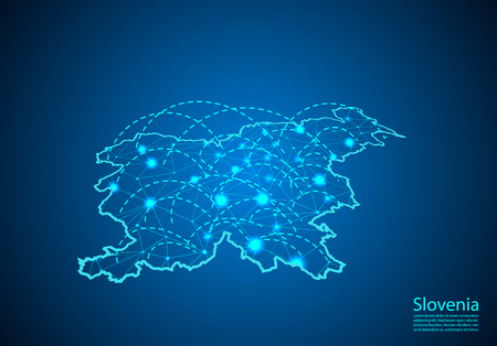 slovenia map with nodes linked by lines. concept of global communication and business. Dark slovenia map created from white dots with travel locations or internet connection.のイラスト素材
