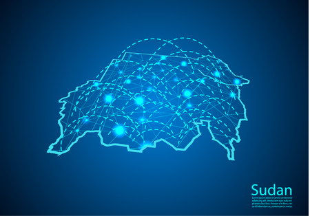 sudan map with nodes linked by lines. concept of global communication and business. Dark sudan map created from white dots with travel locations or internet connection.のイラスト素材