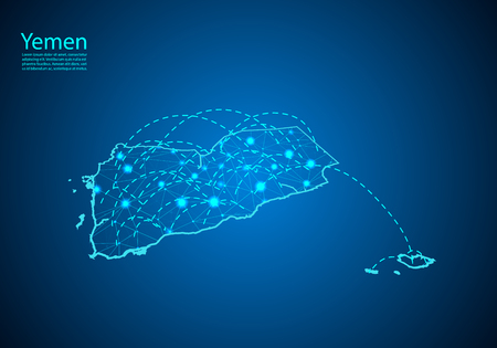 yemen map with nodes linked by lines. concept of global communication and business. Dark yemen map created from white dots with travel locations or internet connection.のイラスト素材
