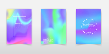 Hologram gradient background set with holographic cover. 90s, 80s retro style. Iridescent graphic template for brochure, banner, wallpaper, mobile screen. Trendy minimal hologram gradient.のイラスト素材