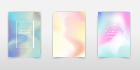 Holographic poster set. Abstract backgrounds. Futuristic holographic poster with gradient mesh. 90s, 80s retro style. Iridescent graphic template for brochure, banner, wallpaper, mobile screen.のイラスト素材