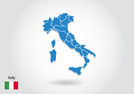 italy map design with 3D style. Blue italy map and National flag. Simple vector map with contour, shape, outline, on white.のイラスト素材