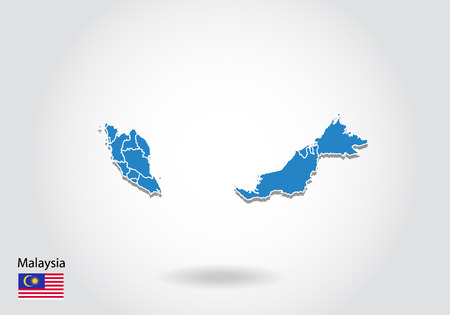 Malaysia map design with 3D style. Blue Malaysia map and National flag. Simple vector map with contour, shape, outline, on white.のイラスト素材