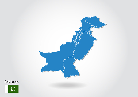 Pakistan map design with 3D style. Blue Pakistan map and National flag. Simple vector map with contour, shape, outline, on white.のイラスト素材