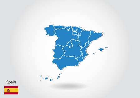 Spain map design with 3D style. Blue Spain map and National flag. Simple vector map with contour,...