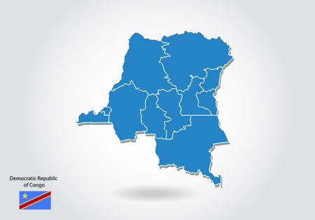 Democratic Republic of Congo map design with 3D style. Blue Republic of Congo map and National flag. Simple vector map with contour, shape, outline, on white.のイラスト素材