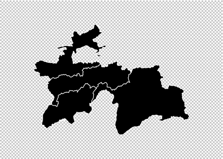 tajikistan map - High detailed Black map with counties/regions/states of tajikistan. tajikistan map isolated on transparent background.のイラスト素材
