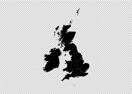 United Kingdom map - High detailed Black map with counties/regions/states of UK. United Kingdom map isolated on transparent background.のイラスト素材