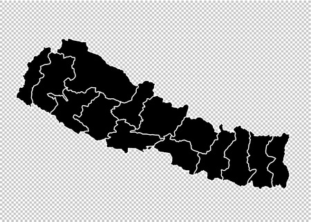 nepal map - High detailed Black map with counties/regions/states of nepal. nepal map isolated on transparent background.のイラスト素材