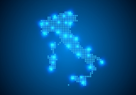 Abstract blue background with Italy map, internet line, connected points. Italy map with dot nodes. Global network connection concept. Wire frame 3D mesh polygonal network line. vector.のイラスト素材