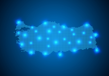 Abstract blue background with Turkey map, internet line, connected points. Turkey map with dot nodes. Global network connection concept. Wire frame 3D mesh polygonal network line. vector.のイラスト素材