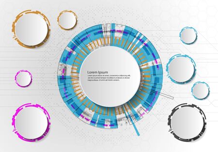 Vector Abstract futuristic circuit board on light gray background, hi-tech digital technology concept. Blank white 3d paper circle label with space for your content, business, network and web designのイラスト素材