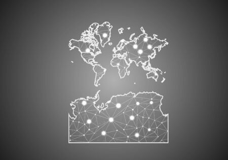 Vector wireframe mesh polygonal of world With Antarctica map. Abstract global connection structure. Map connected with lines and dots. Geometric world concept. digital data visualization, infographics.のイラスト素材