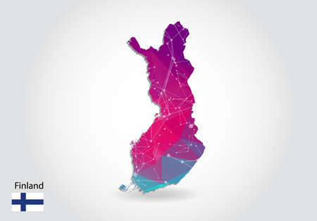 Vector polygonal finland map. Low poly design. map made of triangles on white background. geometric rumpled triangular low poly style gradient graphic, line dots, UI design.のイラスト素材