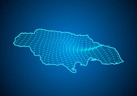 Abstract digital map of jamaica with particles dots and line. polygonal network business. Wireframe landscape background. Big Data. 3d futuristic. Global network connection.のイラスト素材