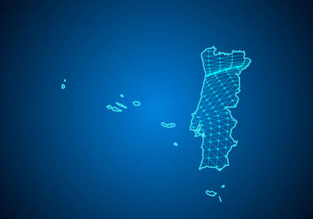 Abstract digital map of portugal with particles dots and line. polygonal network business. Wireframe...