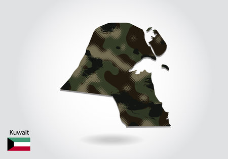 Kuwait map with camouflage pattern, Forest - green texture in map. Military concept for army, soldier and war. coat of arms, flag.のイラスト素材