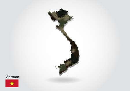 Vietnam map with camouflage pattern, Forest - green texture in map. Military concept for army, soldier and war. coat of arms, flag.のイラスト素材