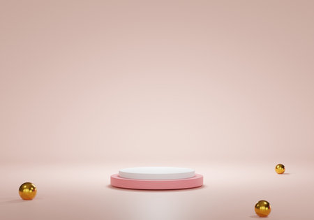 3d cylinder pedestal podium with rose gold, pink in semi circle backdrop. Abstract rendering geometric platform. Product display presentation. Minimal scene. 3d Rendering.の写真素材