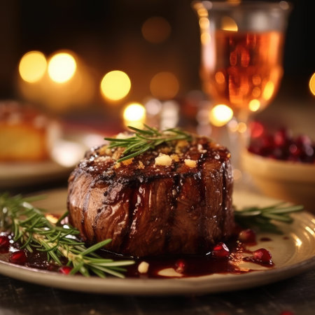 grilled fillet steak served with tomatoes and roast vegetables. Beef steak with grilled, bokeh warming background.の素材
