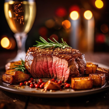 grilled fillet steak served with tomatoes and roast vegetables. Beef steak with grilled, bokeh warming background.の素材