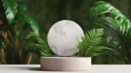 Product display podium decorated with pearls and leaves. Marble podium. Product presentation, mock up, show cosmetic product.の素材