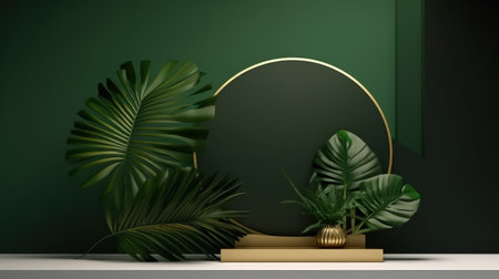 realistic round product pedestal podium 3D background with arch scene and green leaf. Minimal wall scene. Product presentation, mock up, show cosmetic product.の素材