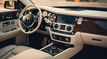 Car modern interior with white leather seats vehicle. Car interior luxury rear seatの素材