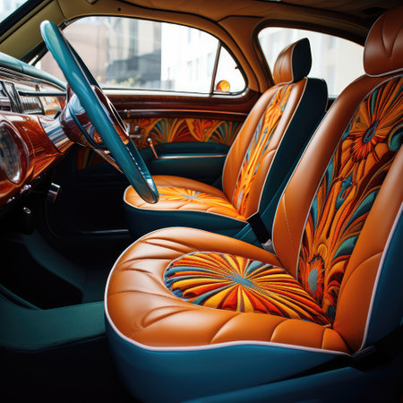 car interior with cushion seats. Rear seats of a luxury car. orange interior design premium car.の素材