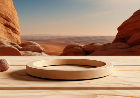 Round wooden saw cut cylinder shape on beige background abstract background. product podium with architecture columns on warm tone. AI Generative.の素材