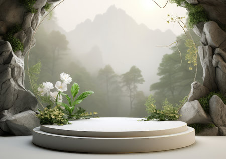 3D Ceramic Round Podium Stage product display With Nature scenery landscape Background. AI Generativeの素材