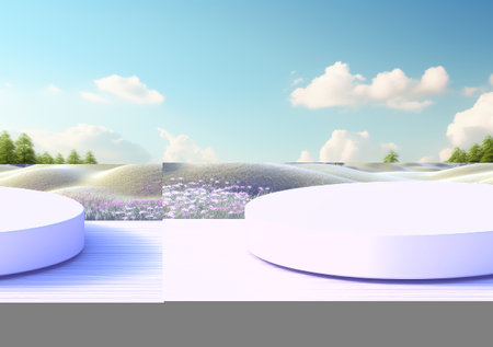 3D Ceramic Round Podium Stage product display With Nature scenery landscape Background. AI Generativeの素材