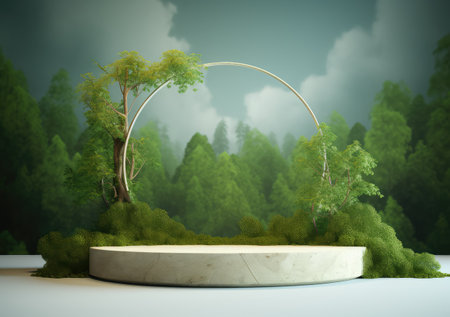 3D Ceramic Round Podium Stage product display With Nature scenery landscape Background. AI Generativeの素材