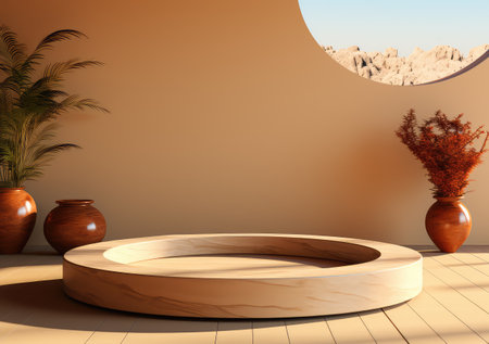 Round wooden saw cut cylinder shape on beige background abstract background. product podium with architecture columns on warm tone. AI Generative.の素材