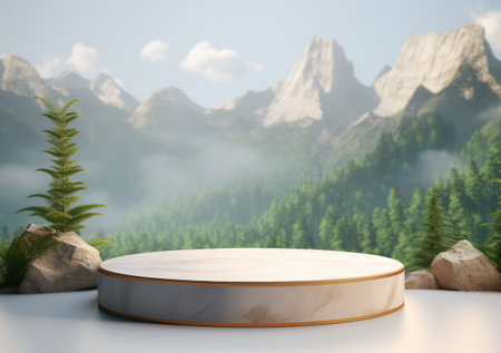 3D Ceramic Round Podium Stage product display With Nature scenery landscape Background. AI Generativeの素材