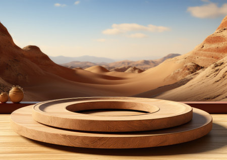 Round wooden saw cut cylinder shape on beige background abstract background. product podium with architecture columns on warm tone. AI Generative.の素材