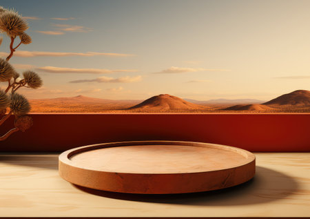 Round wooden saw cut cylinder shape on beige background abstract background. product podium with architecture columns on warm tone. AI Generative.の素材