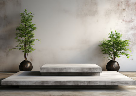 Abstract design of modern podium with empty concret. round concrete podium floor. Pedestal for display,Platform for design,Blank product,concrete room. AI Generativeの素材