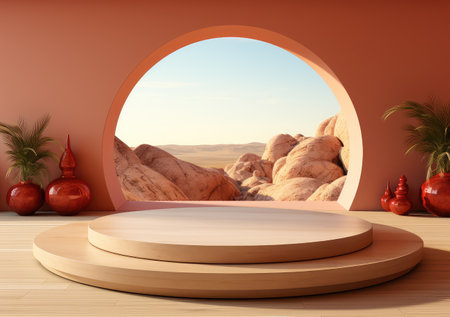 Round wooden saw cut cylinder shape on beige background abstract background. product podium with architecture columns on warm tone. AI Generative.の素材