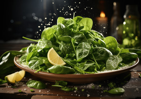 Fresh Mix fruits and salad with water splash float on dish with dark studio background. AI Generative.の素材