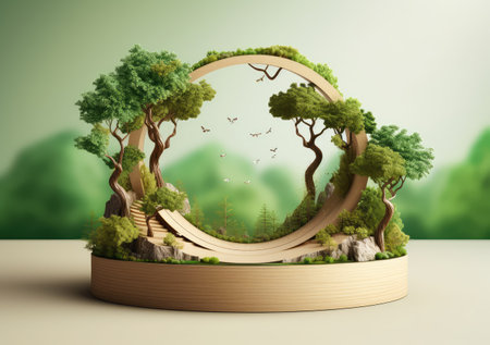 3D Ceramic Round Podium Stage product display With Nature scenery landscape Background. AI Generativeの素材