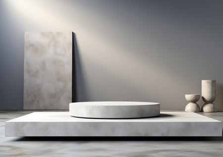 Abstract design of modern podium with empty concret. round concrete podium floor. Pedestal for display,Platform for design,Blank product,concrete room. AI Generativeの素材