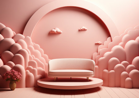 abstract background with pink podium and cloud minimal summer scene. scene for mockup product display. Beauty cosmetic product placement pedestal present. AI Generativeの素材