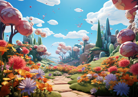 field of spring grassland flowers and perfect blue sky. AI Generativeの素材